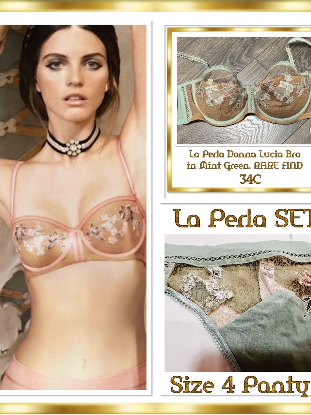 La Perla Donna Lucia Set in Mint Green Sheer Appliqué Embroidery $1,200 Vintage - Picture 5 of 7